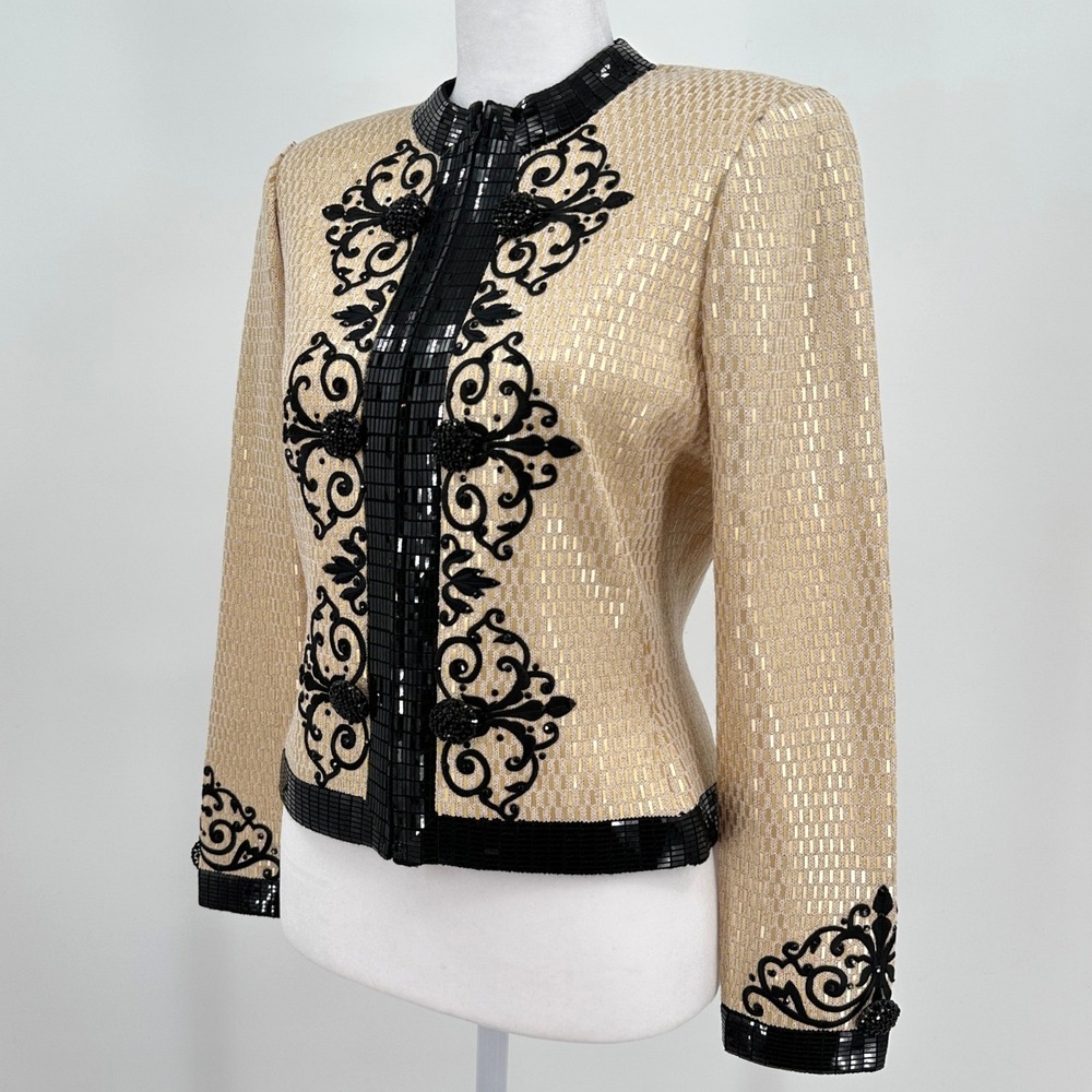 St John Evening Marie Gray Gold Black Knit Sequin Embroidered Jacket Beaded US 4 - Picture 2 of 13